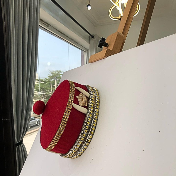 African IBO Red Royal Traditional Hat With Gold & Horn Adornment