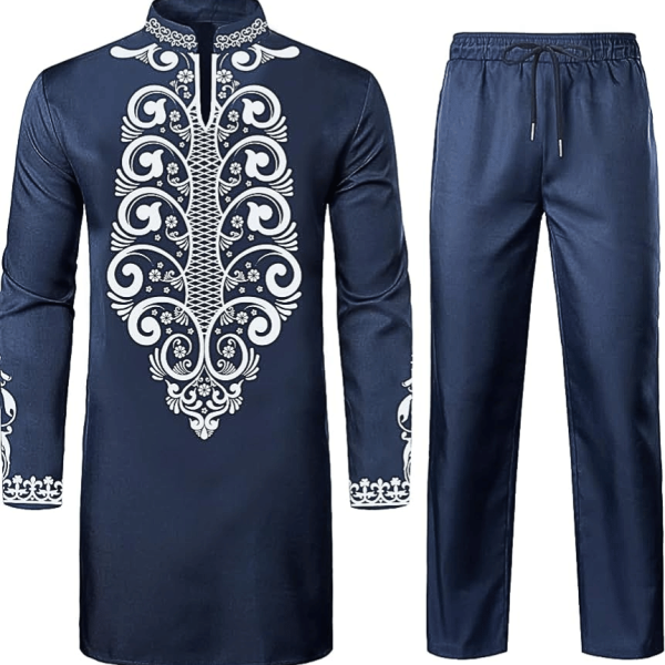 Mens African 2 Piece Set Long Sleeve Gold Print Dashiki and Pants Outfit Traditional Suit