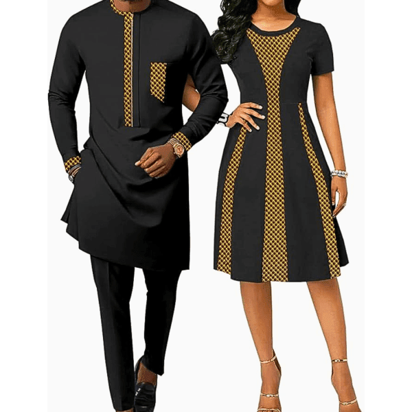 African Attire for Couple Women Print Wax Crew Neck Dress with Men Dashiki Long Vest Shirt and Pants Sets