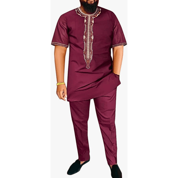 Men's African Clothes Embroidery Tunic Shirt and Pant Suit Two Pieces Dashiki Outfit Short Sleeves