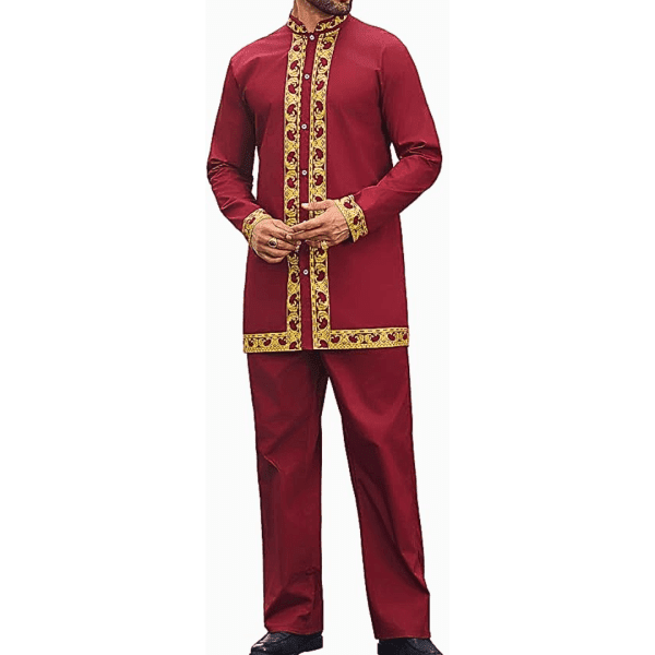 Men's African 2 Piece Set Luxury Traditional Suit Gold Print Dashiki Shirt and Pants Outfit