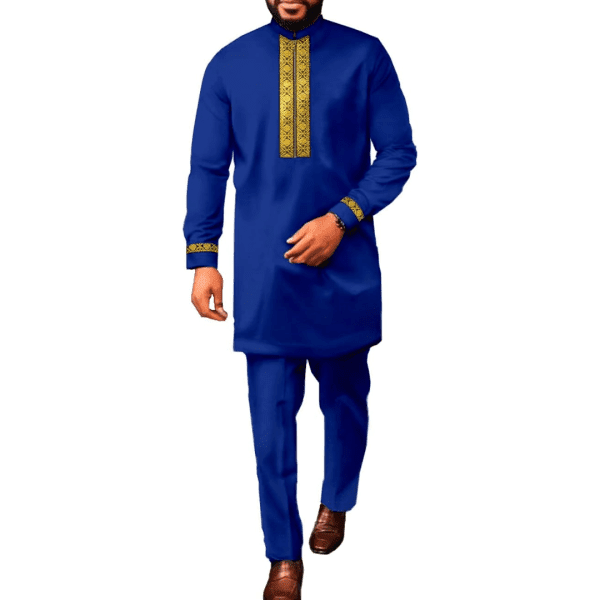 African Dashiki Suits for Men 2 Piece Set Gold Embroidery Shirt Pant Outfits Nigerian Clothes Wedding Attire