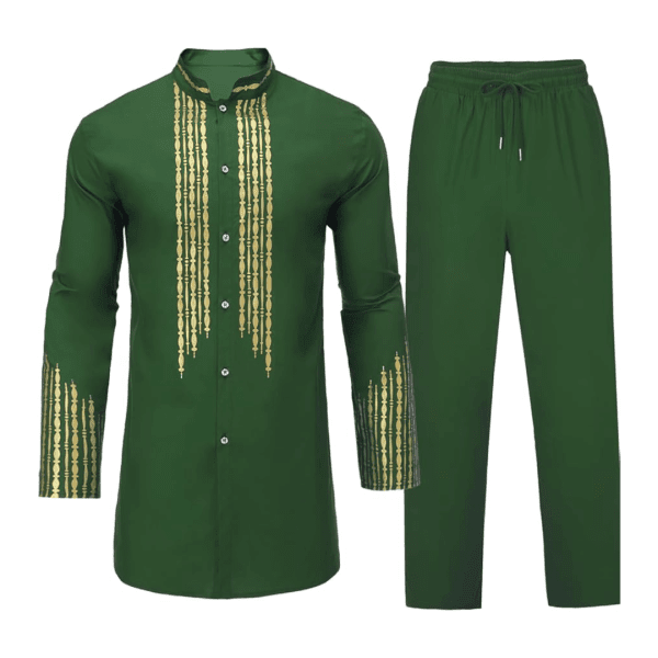 Mens African 2 Piece Set Traditional Suit Dashiki Button Down Shirt and Pants Outfit